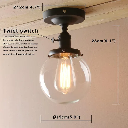 Vista 3 de lámpara de techo estilo industrial antiguo de 5.9 pulgadas con panel de montaje con bola de cristal transparente, negro, 60.00watts, 120.00 volts