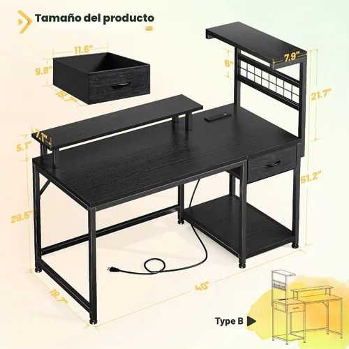Vista 2 de EnHomee - Escritorio para juegos de 40 pulgadas con luces LED y tomas de Negro