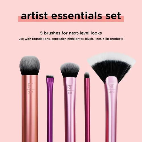 Vista 2 de Real Techniques Artist Essentials Makeup Brush Set, For Foundation,Blush, Highlighter, Eyeshadow, & Liner, Professional Makeup Tools, Synthetic