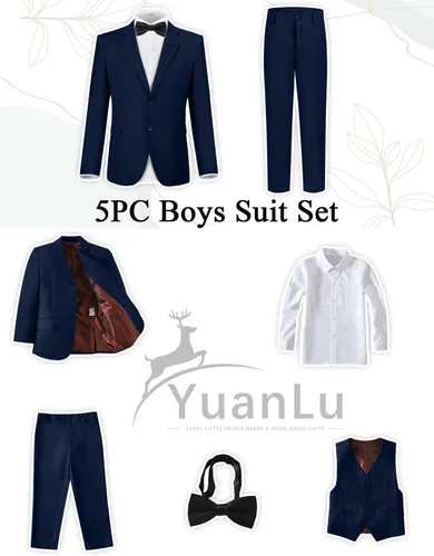 Vista 2 de YuanLu Traje para niños, esmoquin para boda, traje de portador de anillos, 5 piezas, traje formal ajustado para niños con cintura ajustable