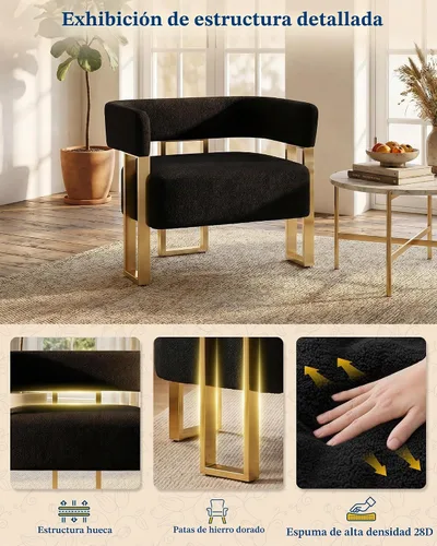 Vista 4 de Silla de acento moderna de mediados de siglo, sillón de barril, Black Boucle, pata dorada