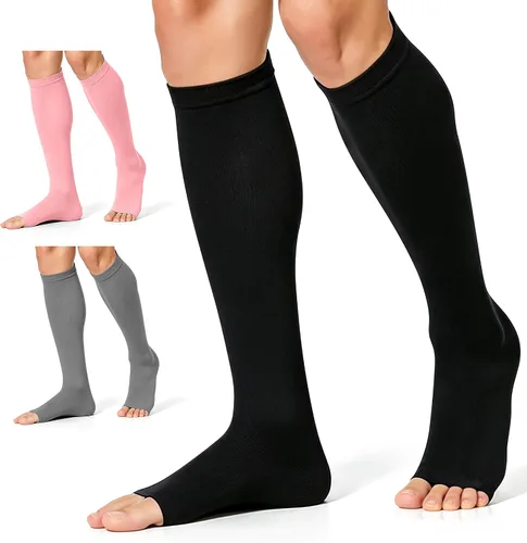 Vista 15 de CHARMKING 3 pares de calcetines de compresión de punta abierta para mujeres y hombres, circulación de 15-20 mmHg es el mejor apoyo para uso durante
