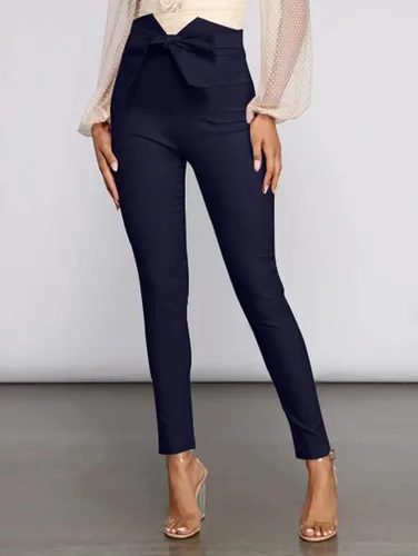 Vista 2 de XXTAXN Pantalones elásticos casuales de cintura alta para mujer, pantalones de lápiz lisos con corbata