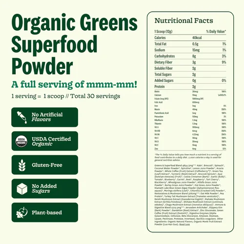 Vista 6 de Suja Organic Greens - Mezcla probiótica en polvo, espirulina, bebida diaria de superalimentos o mezcla de batidos para apoyo inmunológico, digestión
