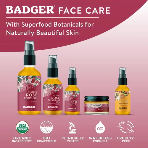 Vista 4 de Badger Rose Beauty Balm, tratamiento nutritivo 100% orgánico para cara, cuello y manos con aceite esencial de rosa puro, hidratante facial intensivo