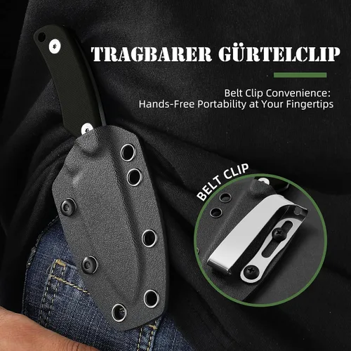 Vista 4 de Omesio Cuchillo de cuello, cuchillo de hoja fija de acero D2 de 5.82 Mango A-negro + hoja blanca
