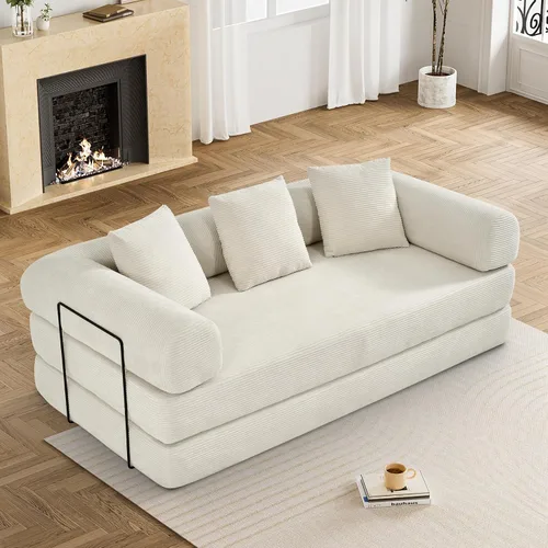 Vista 9 de DAMAIFROM - Sofá cama convertible sin huesos, color beige y blanco 80" Corduroy Modular Compressed Futon Sofa Bed, Pull-Out Cloud Loveseat with