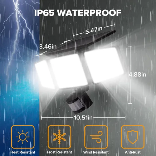 Vista 7 de UME Luces solares para exteriores, 302 LED, 3000 lúmenes, IP65, impermeable, sensor de movimiento, luces de inundación de 3 cabezales, 270 ángulo