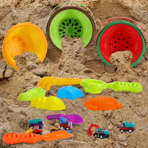 Vista 2 de Juego de juguetes de arena de playa para niños, cubo de playa plegable de silicona plegable para viajes, juguetes de playa para verano al aire