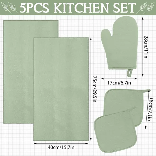 Vista 2 de Rtteri Juego de 5 manoplas de horno verdes para ollas y toallas de cocina, 1 guante de horno de cocina y 2 paños de cocina, 2 agarraderas verdes