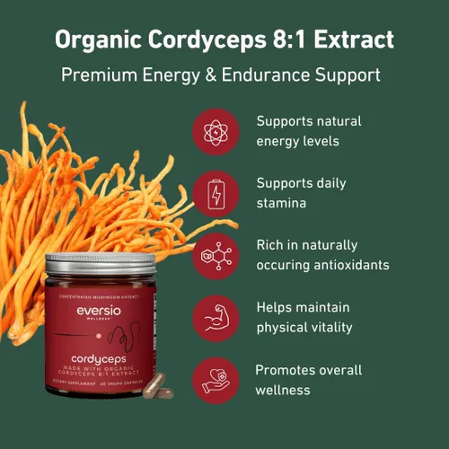 Vista 5 de Cápsulas Cordyceps orgánicas – Extracto de Cordyceps Militaris 8:1, 500 mg por cápsula – Suplemento de hongos para energía, resistencia y apoyo al