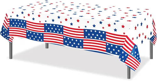 Vista 2 de 1 paquete de mantel de plástico con diseño de bandera americana del 4 de julio para fiesta, 54 x 87 pulgadas de largo, mantel rectangular para bufé