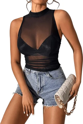 Vista 3 de SweatyRocks Camiseta sin mangas con cuello alto falso para mujer, ajustada, fruncida, de malla transparente