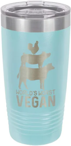 Vista 7 de Taza de viaje con pajita grabada a láser con citas de barbacoa, de la marca World's Worst Vegan, de 20 onzas, para comparar con Yeti Rambler