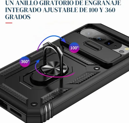 Vista 6 de Funda para Pixel 9 Pro XL con cubierta deslizante para cámara, 2 protectores de pantalla de vidrio templado, soporte de anillo giratorio de 360°