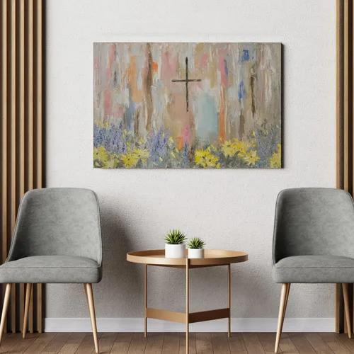 Vista 3 de Arte de pared enmarcado con cruz y flores, pintura al óleo floral cristiana, impresiones en lienzo, carteles religiosos abstractos, graffiti