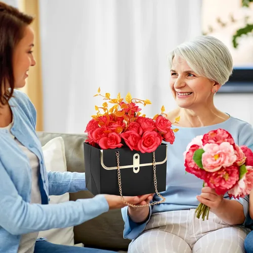 Vista 5 de Whaline 6 bolsas de papel de flores con cadena de metal, ramo de almacenamiento, bolsa de floristería, bolsa de mano, cesta de envoltura de ramo