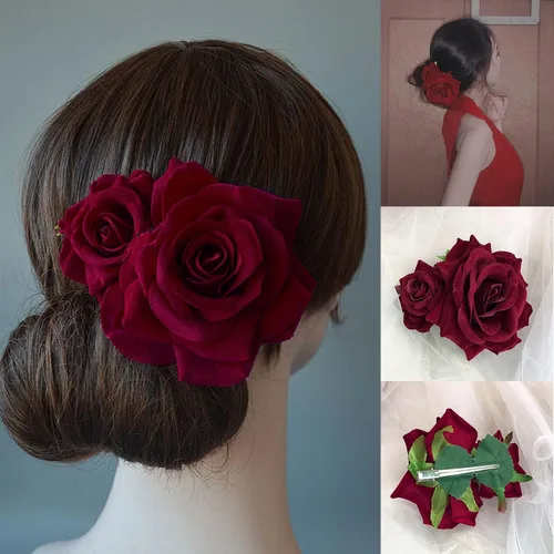 Vista 8 de Peines de pelo de flores, flor de rosa, bohemia, horquilla, disfraz de novia, decoración de pelo para fiesta, boda, rojo (1 unidad)
