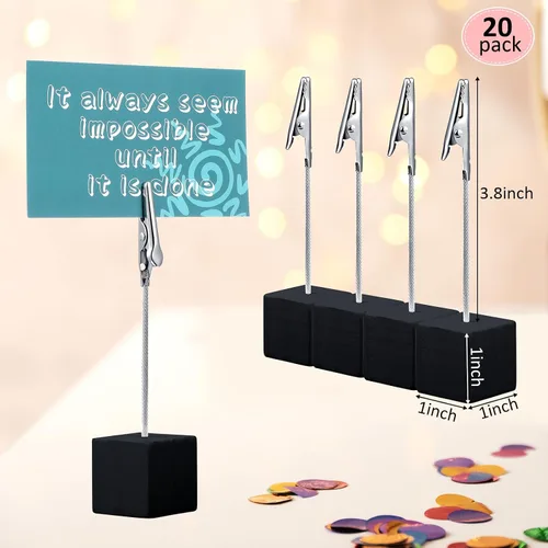 Vista 2 de Gersoniel 20 Piezas Soporte de Clip para Notas Base Cúbica con Clip de Cocodrilo Soporte de Números de Mesa de Madera Base Cúbica Soporte