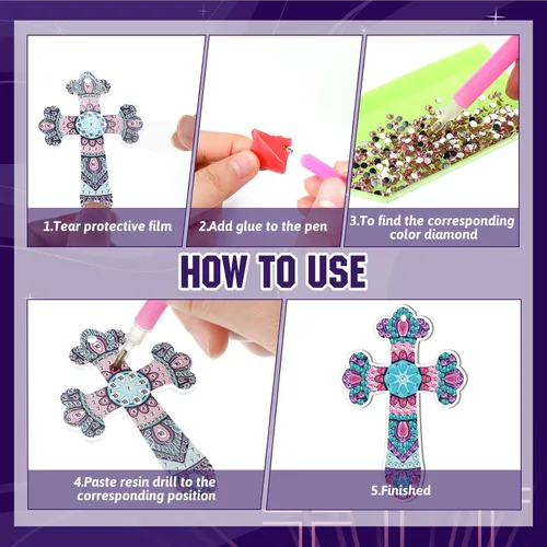 Vista 7 de Inbagi 15 piezas de llaveros de pintura de diamante con cruz de Pascua, 5D, bricolaje, cruz de diamante, llaveros colgantes para regalos de fiesta
