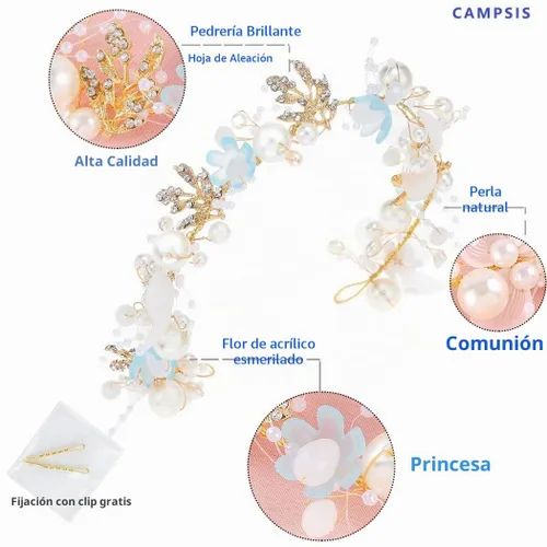 Vista 3 de Campsis Diadema para niñas con perlas y flores, diadema de boda de cristal azul, accesorios para el cabello para niñas