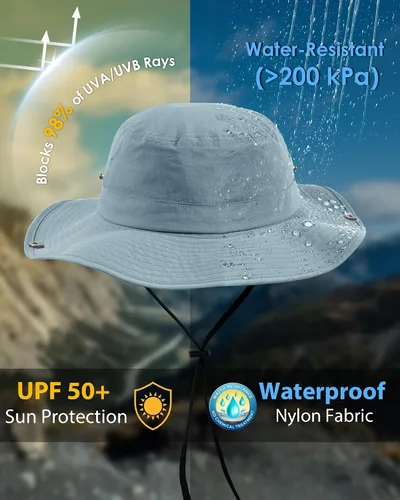 Vista 3 de Sombrero de lluvia impermeable de ala ancha para mujeres y hombres UPF50+ Gris azul