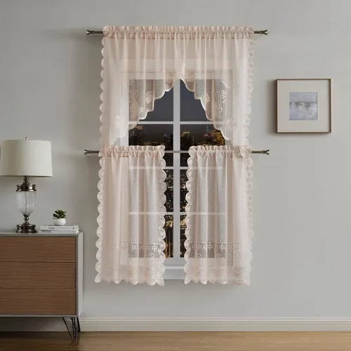 Vista 4 de Warm Home Designs El paquete de 3 cortinas de lino dorado para ventana de cocina incluye 2 niveles de 24 pulgadas y cenefa con festón. Juego