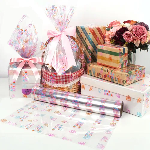 Vista 4 de JOYIT Rollo de celofán de feliz cumpleaños de 100 pies de largo x 35 pulgadas de ancho, rollo de celofán transparente de 3 mil de grosor, bolsas