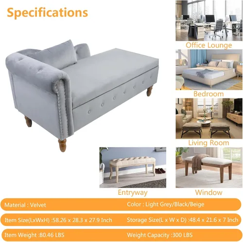 Vista 2 de Aoowow Banco de almacenamiento de terciopelo para dormitorio, extremo de la cama, sofá con brazo enrollado, tumbona para interiores con Gris 58