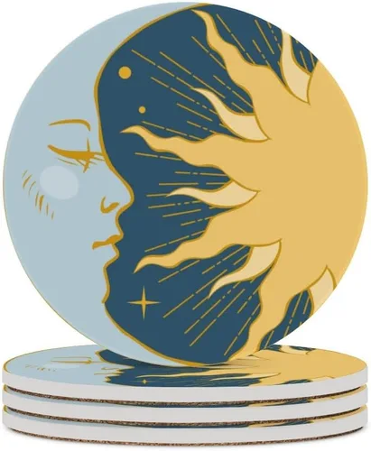 Vista 2 de Posavasos absorbentes para bebidas, luna redonda, sol, estilo retro, piedra de cerámica azul, antiarañazos, corcho, regalos de inauguración