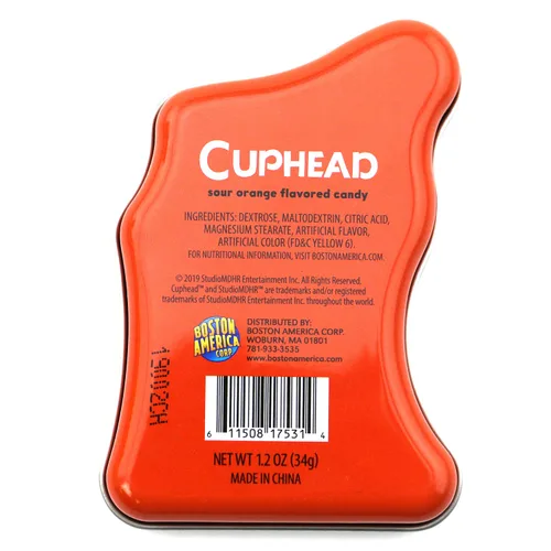 Vista 4 de CupHead Tin Candy Sours (paquete de 2) relleno de regalo sabor naranja con 2 calcomanías GosuToys