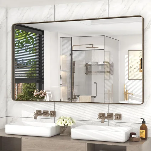 Vista 109 de Paquete de 2 espejos de baño con marco de metal negro de 22 x 30 pulgadas, espejo rectangular redondeado negro mate, antioxidante, se cuelga