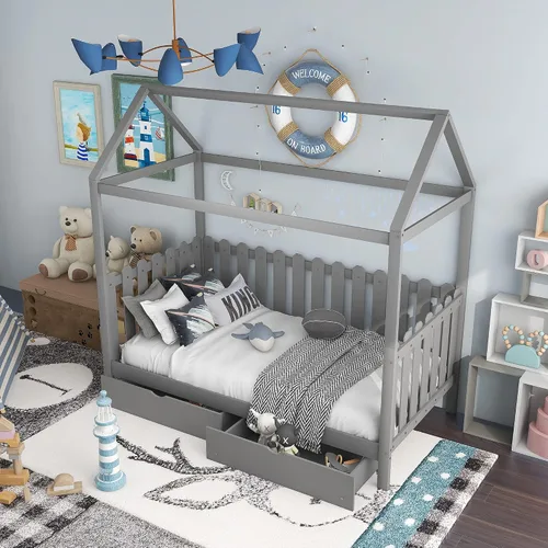 Vista 14 de Cama de madera maciza tamaño individual con techo, nido, 3 cajones de almacenamiento, sofá cama de plataforma para muebles de dormitorio, sala