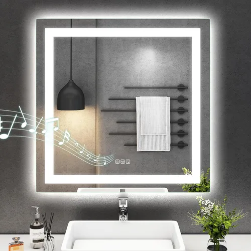 Vista 9 de SBAGNO - Espejo LED de baño con Bluetooth, 24 x 32 pulgadas, con luz regulable, espejo de tocador con 3 colores, retroiluminado + luz frontal