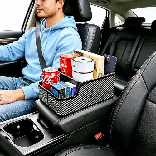 Vista 2 de Organizador de Asiento de Automóvil con Portavasos, Caja de Almacenamiento Extra para Reposabrazos de Automóvil, Organizador de Joroba del Piso