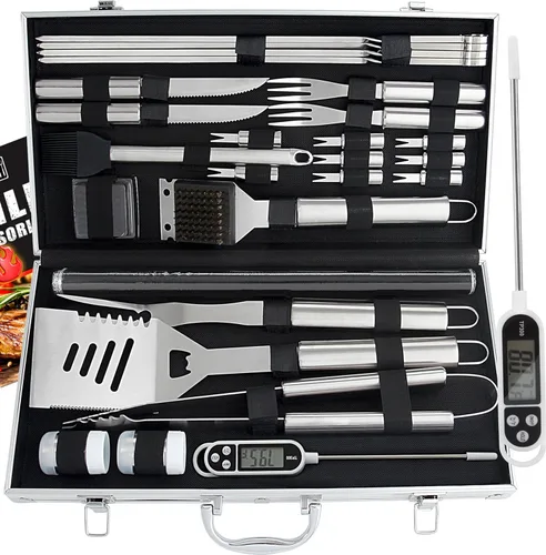 Vista 8 de ROMANTICIST Juego de 23 accesorios imprescindibles para parrilla de barbacoa con termómetro en estuche, juego de herramientas de barbacoa de acero