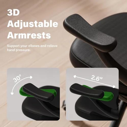 Vista 4 de GYI - Silla de escritorio ergonómica de malla, color negro Brazos abatibles 3D, soporte lumbar ajustable, altura ajustable, sala de estudio