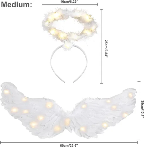 Vista 5 de Alas de ángel, alas de ángel iluminadas y halo con luces LED, disfraz de alas de ángel blancas para adultos, mujeres, niños, Halloween, Navidad