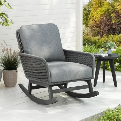 Vista 12 de Christopher Knight Home Nadine Mecedora de Patio, Mecedora de Mimbre, Mecedora de Patas de Madera, Silla de Mimbre de Ratán PE, Mecedora con Beige