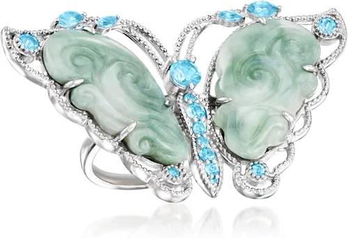 Vista 4 de Ross-Simons Anillo de jade y mariposa de topacio azul suizo de 0.70 qt t t en plata de ley, Gema, multi