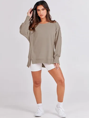 Vista 7 de ANRABESS Sudadera de gran tamaño para mujer, cuello redondo, manga larga, casual, con abertura, sin botones, ropa de otoño
