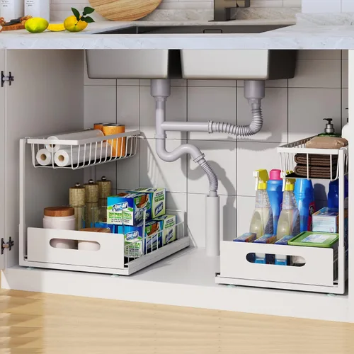 Vista 9 de Organizador para debajo del fregadero, estante de almacenamiento extraíble de 2 niveles, organizador de metal resistente al óxido para cocina, baño