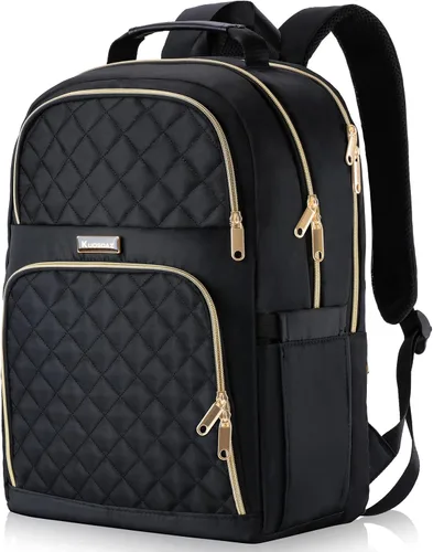 Vista 8 de Mochila Kuosdaz para Mujeres, Beige, 15,6 pulg. 15.6 Inch Cute Quilted Laptop Backpack, Large Bookbag for Middle School College Students, Beige