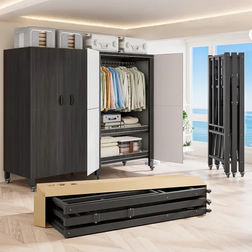 Vista 9 de Perchero cubierto resistente con puerta magnética, plegable, portátil, para colgar ropa, perchero de metal negro con ruedas (negro, 49.12 pulgadas)