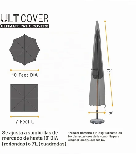 Vista 2 de ULTCOVER Cubierta de Sombrilla de Patio 600D Impermeable para Exteriores - Se Adapta a Sombrillas de Mercado de 7-10 Pies, Negro Negro-Mercado