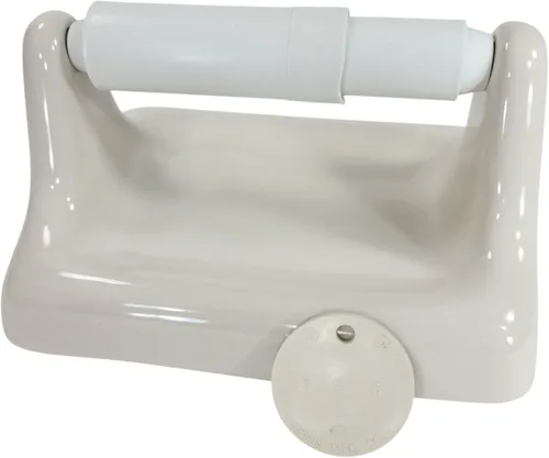 Vista 3 de Soporte de papel higiénico TP de cerámica de hueso beige almendra montaje en pared Thinset instalación vintage mediados de siglo moderno retro