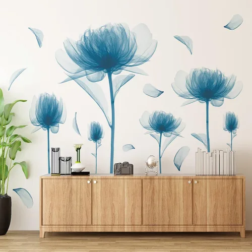 Vista 8 de Calcomanías de pared de flores azules de ensueño creativas pintadas con mariposas para pared, pintura romántica, decoración artística, vinilo
