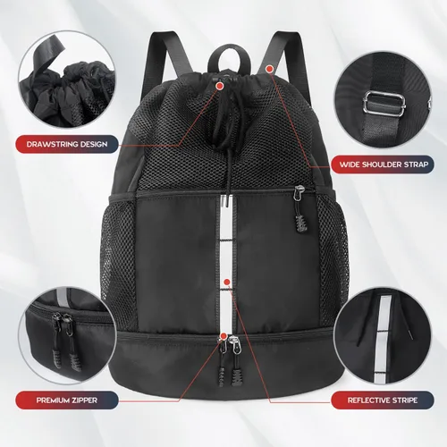 Vista 6 de Mochila deportiva con cordón Bolsas de malla para playa y gimnasio para hombres y hombres con compartimento para zapatos, ligera, Negro -, 30 L