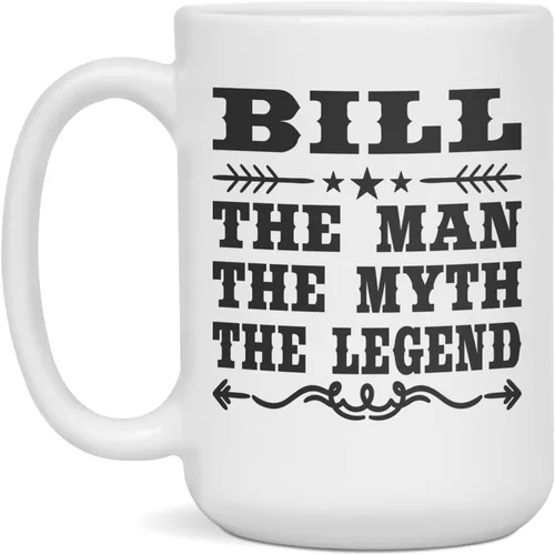 Vista 3 de Taza de café personalizada de Bill The Man The Myth The Legend, 11 onzas, color blanco