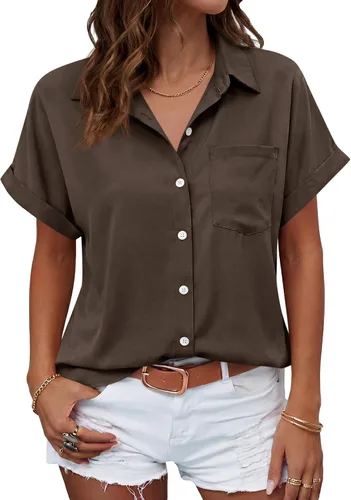 Vista 29 de Beautife Camisas con botones para mujer, blusas de manga corta Albaricoque